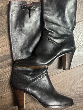 Classic Black Leather Mid-Calf Heel Boots